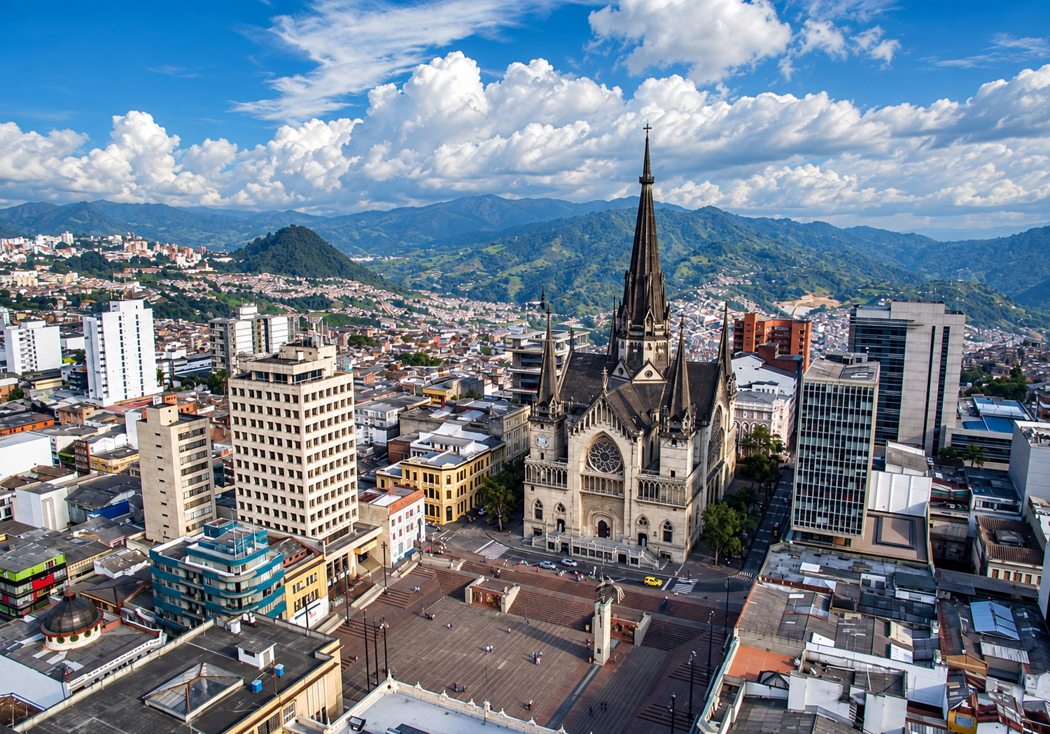 Catedral gótica y ciudad entre montañas